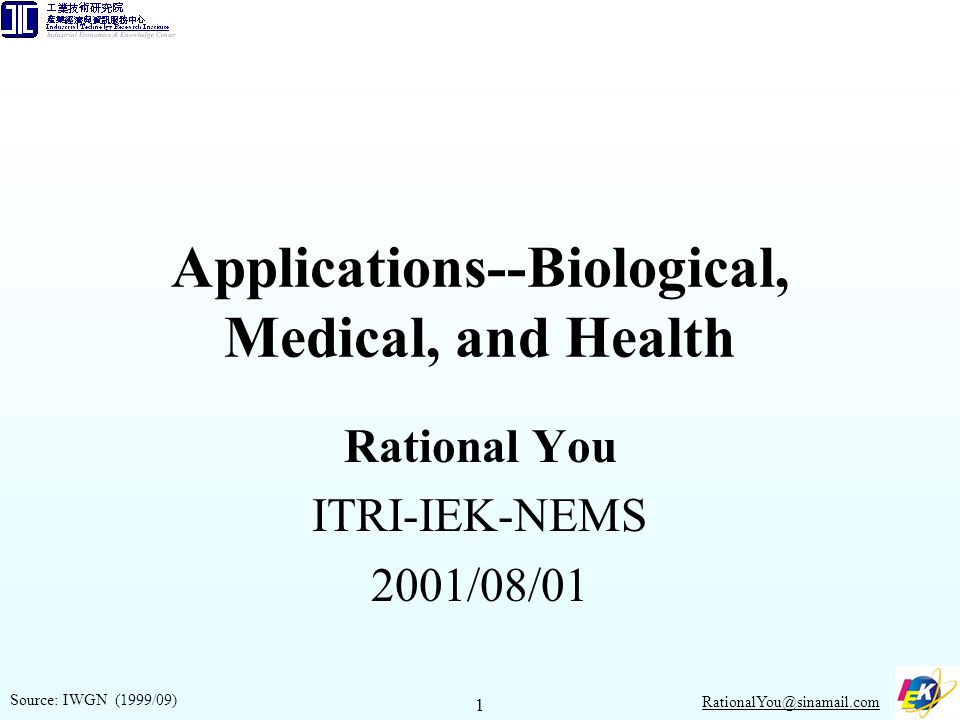 1 Applications--Biological, Medical, and Health Rational You ITRI-IEK-NEMS 2001/08/01 Source: IWGN (1999/09)