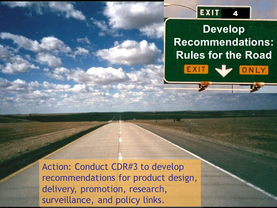 Develop Recommendations: Rules for the Road Action: Conduct CDR#3 to develop recommendations for product design, delivery, promotion, research, surveillance, and policy links.