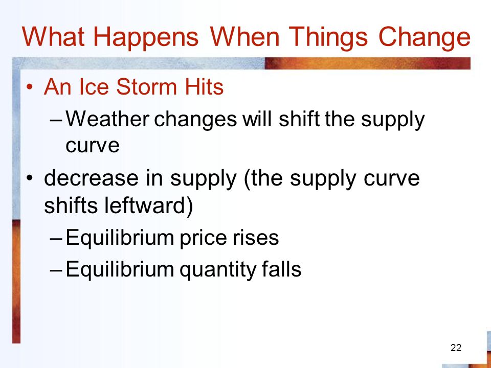 22 What Happens When Things Change An Ice Storm Hits –Weather changes will shift the supply curve decrease in supply (the supply curve shifts leftward) –Equilibrium price rises –Equilibrium quantity falls