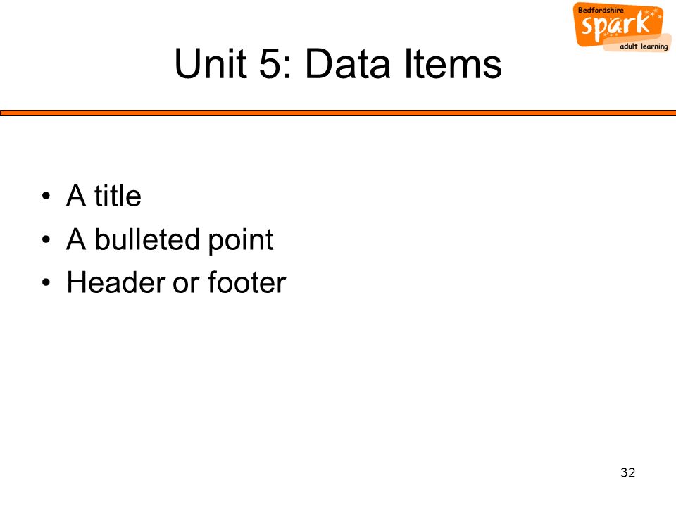 32 Unit 5: Data Items A title A bulleted point Header or footer