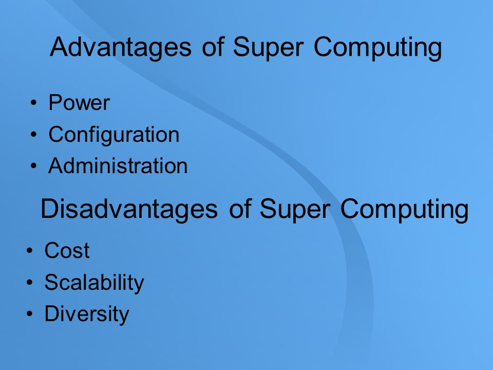 Advantages of Super Computing Power Configuration Administration Cost Scalability Diversity Disadvantages of Super Computing