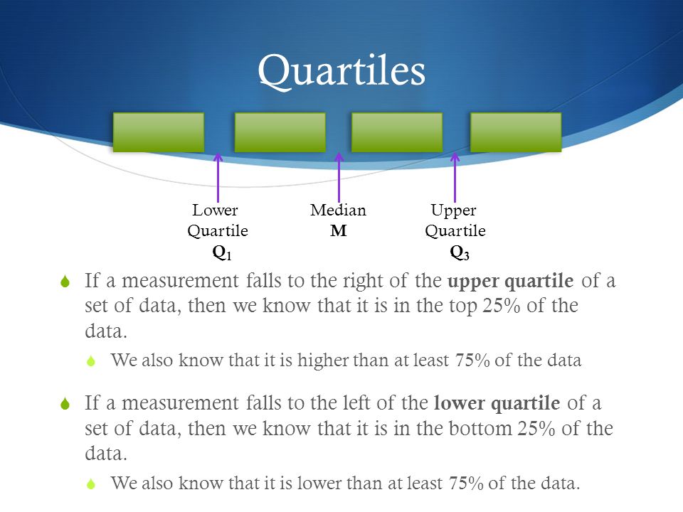 Quartiles and Percentiles. Quartiles  A quartile divides a sorted (least  to greatest) data set into 4 equal parts, so that each part represents ¼  of. - ppt download
