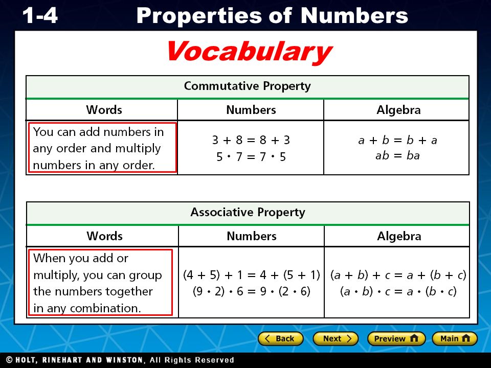 Holt CA Course 1 1-4Properties of Numbers Vocabulary