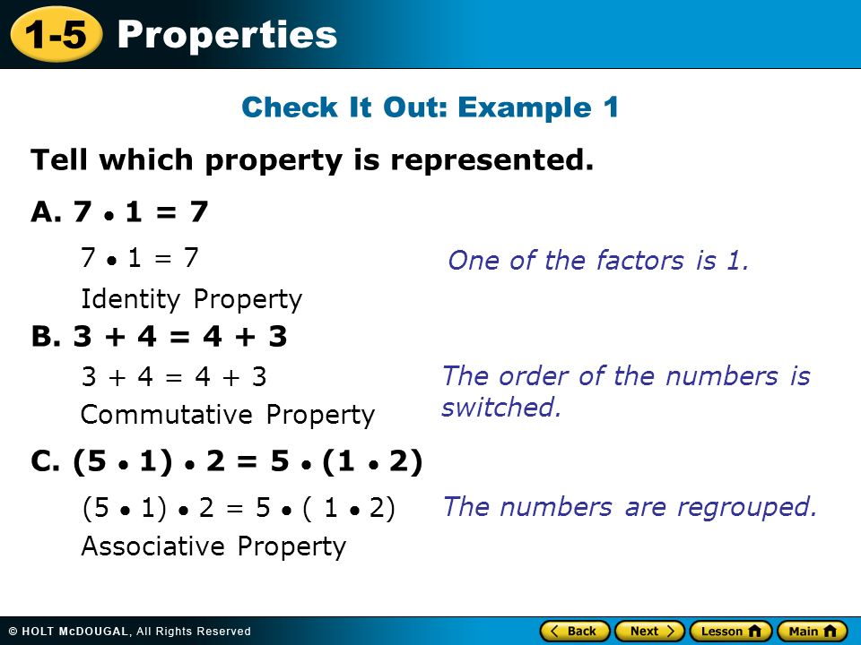 1-5 Properties Check It Out: Example 1 Tell which property is represented.
