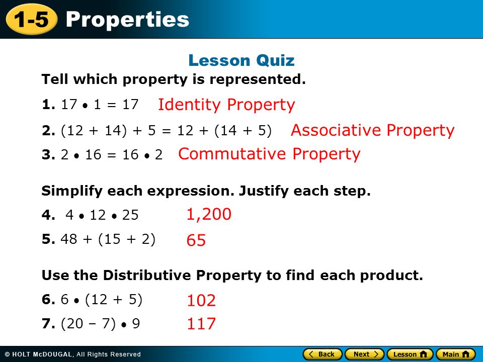 1-5 Properties Lesson Quiz Tell which property is represented.
