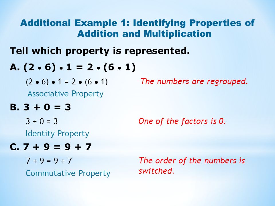 Additional Example 1: Identifying Properties of Addition and Multiplication Tell which property is represented.