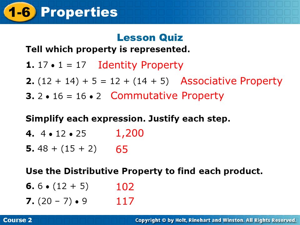 Course Properties Lesson Quiz Tell which property is represented.