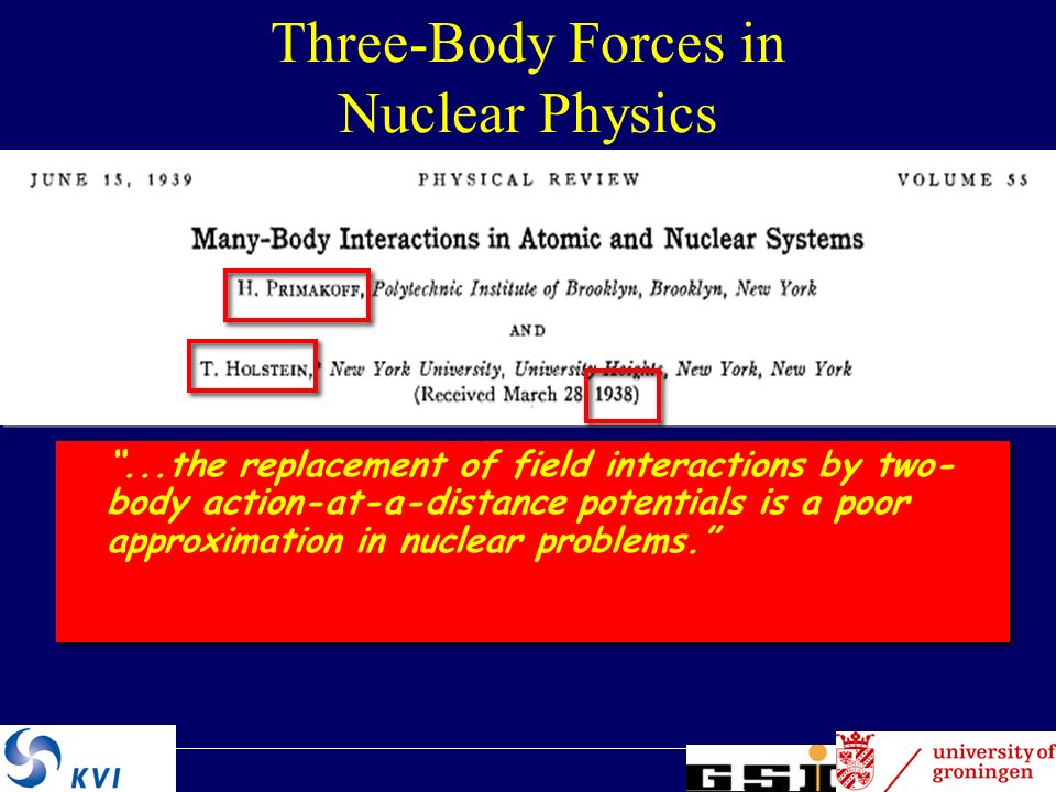 5 Three-Body Forces in Nuclear Physics ...the replacement of field interactions by two- body action-at-a-distance potentials is a poor approximation in nuclear problems.