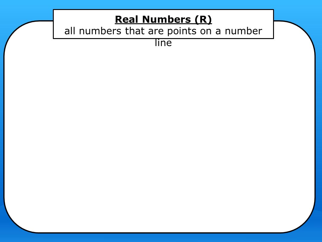 Real Numbers (R) all numbers that are points on a number line