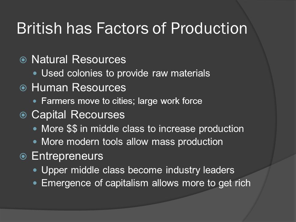 British has Factors of Production  Natural Resources Used colonies to provide raw materials  Human Resources Farmers move to cities; large work force  Capital Recourses More $$ in middle class to increase production More modern tools allow mass production  Entrepreneurs Upper middle class become industry leaders Emergence of capitalism allows more to get rich