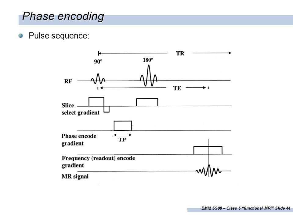 BMI2 SS08 – Class 6 functional MRI Slide 44 Phase encoding Pulse sequence: TP