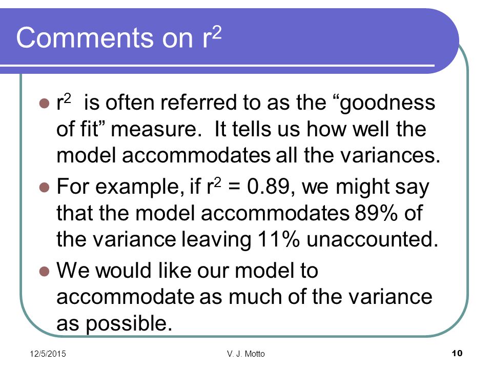 Comments on r 2 r 2 is often referred to as the goodness of fit measure.