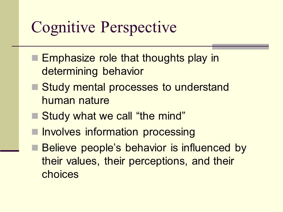 Cognitive Perspective Emphasize role that thoughts play in determining behavior Study mental processes to understand human nature Study what we call the mind Involves information processing Believe people’s behavior is influenced by their values, their perceptions, and their choices