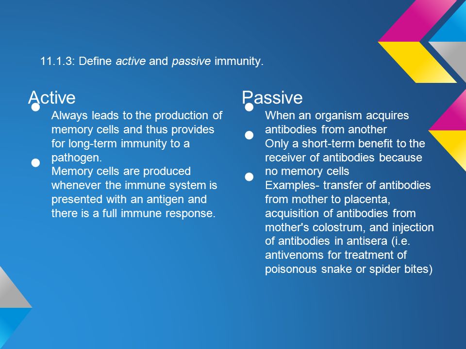 11.1.3: Define active and passive immunity.
