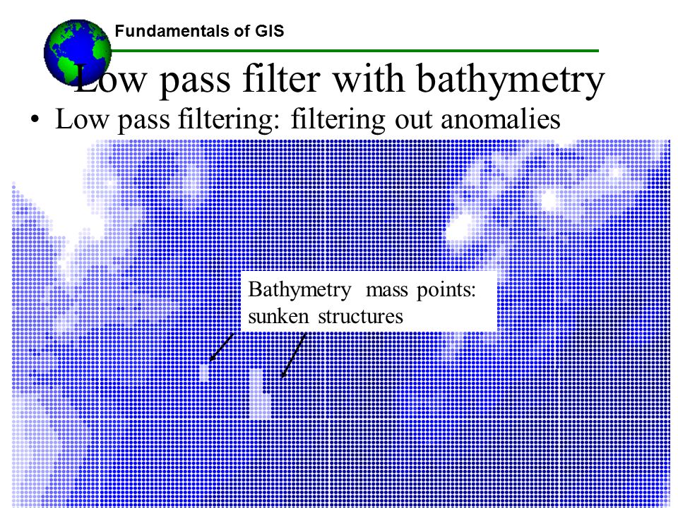 Fundamentals of GIS Lecture Materials by Austin Troy except where noted © 2008 Low pass filtering: filtering out anomalies Bathymetry mass points: sunken structures Low pass filter with bathymetry