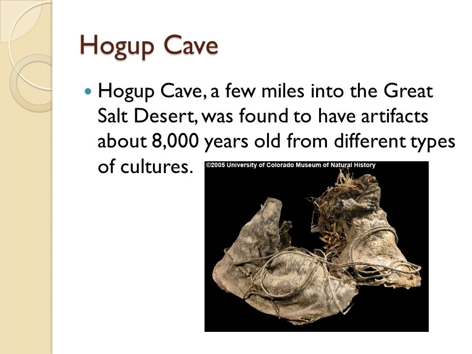Hogup Cave Hogup Cave, a few miles into the Great Salt Desert, was found to have artifacts about 8,000 years old from different types of cultures.
