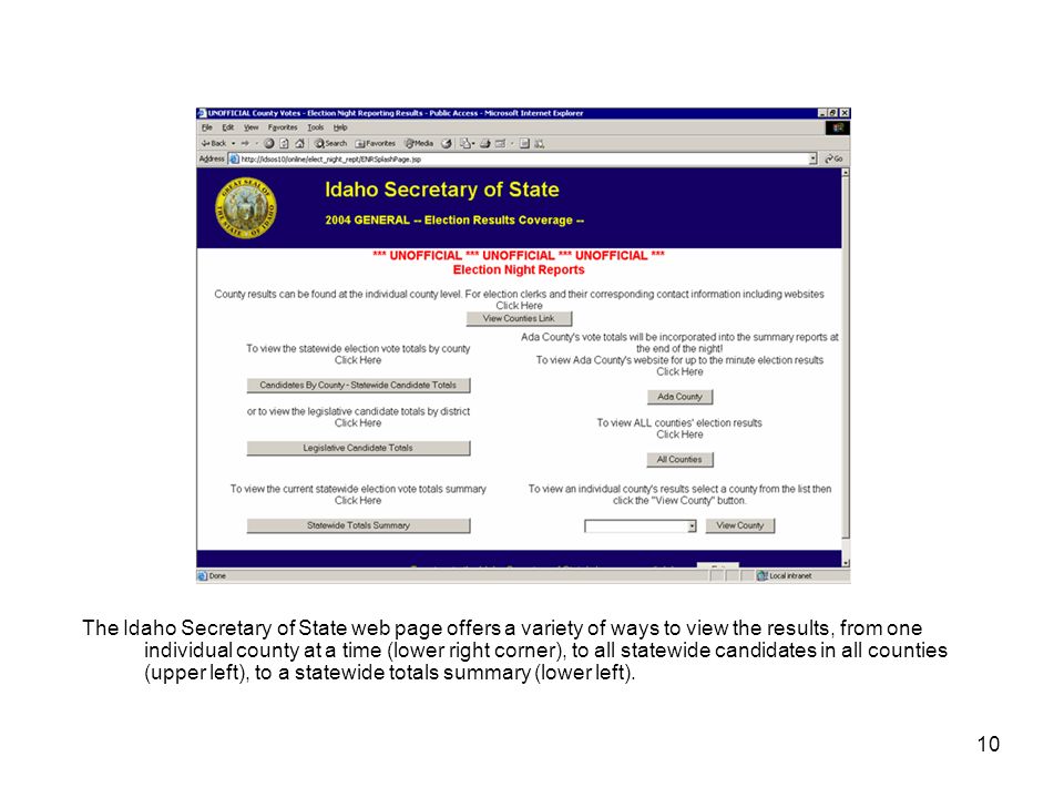 10 The Idaho Secretary of State web page offers a variety of ways to view the results, from one individual county at a time (lower right corner), to all statewide candidates in all counties (upper left), to a statewide totals summary (lower left).
