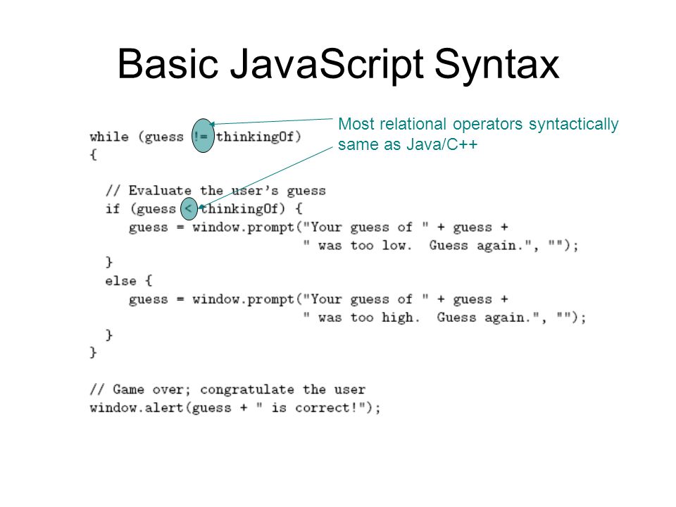 Basic JavaScript Syntax Most relational operators syntactically same as Java/C++