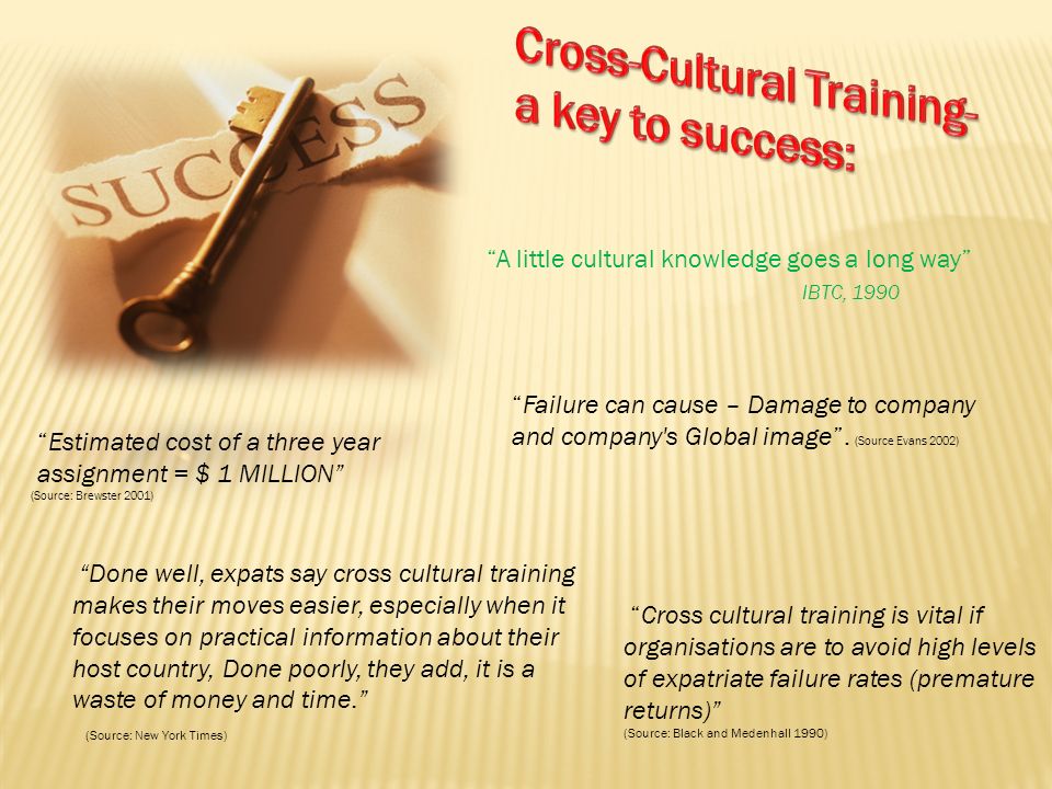 Estimated cost of a three year assignment = $ 1 MILLION (Source: Brewster 2001) Cross cultural training is vital if organisations are to avoid high levels of expatriate failure rates (premature returns) (Source: Black and Medenhall 1990) Done well, expats say cross cultural training makes their moves easier, especially when it focuses on practical information about their host country, Done poorly, they add, it is a waste of money and time. (Source: New York Times) Failure can cause – Damage to company and company s Global image .