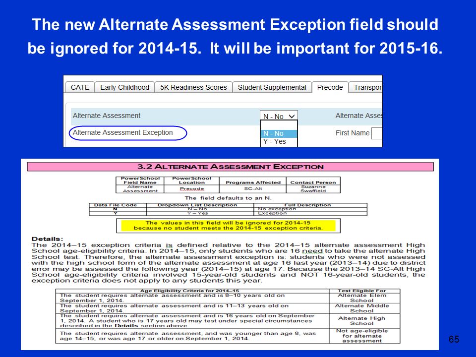 The new Alternate Assessment Exception field should be ignored for