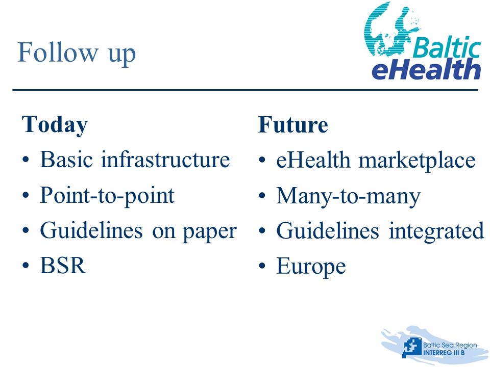 Follow up Today Basic infrastructure Point-to-point Guidelines on paper BSR Future eHealth marketplace Many-to-many Guidelines integrated Europe