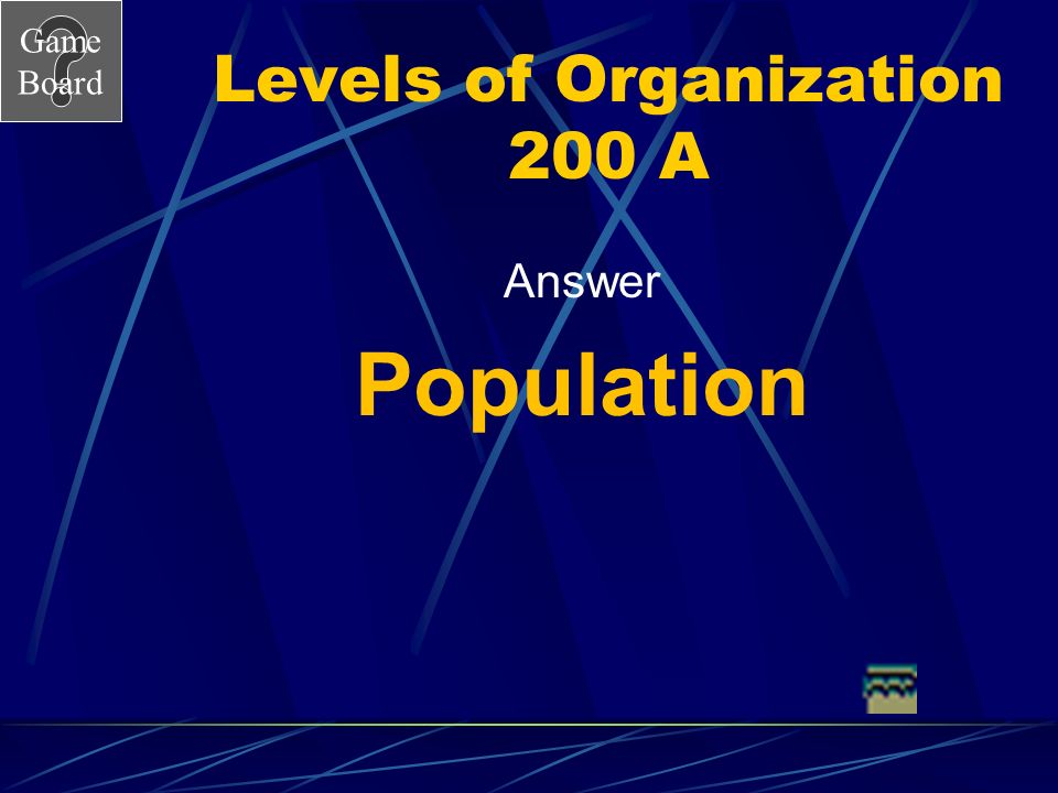 Game Board Levels of Organization 200 A group of organisms of the same species living in an area Answer