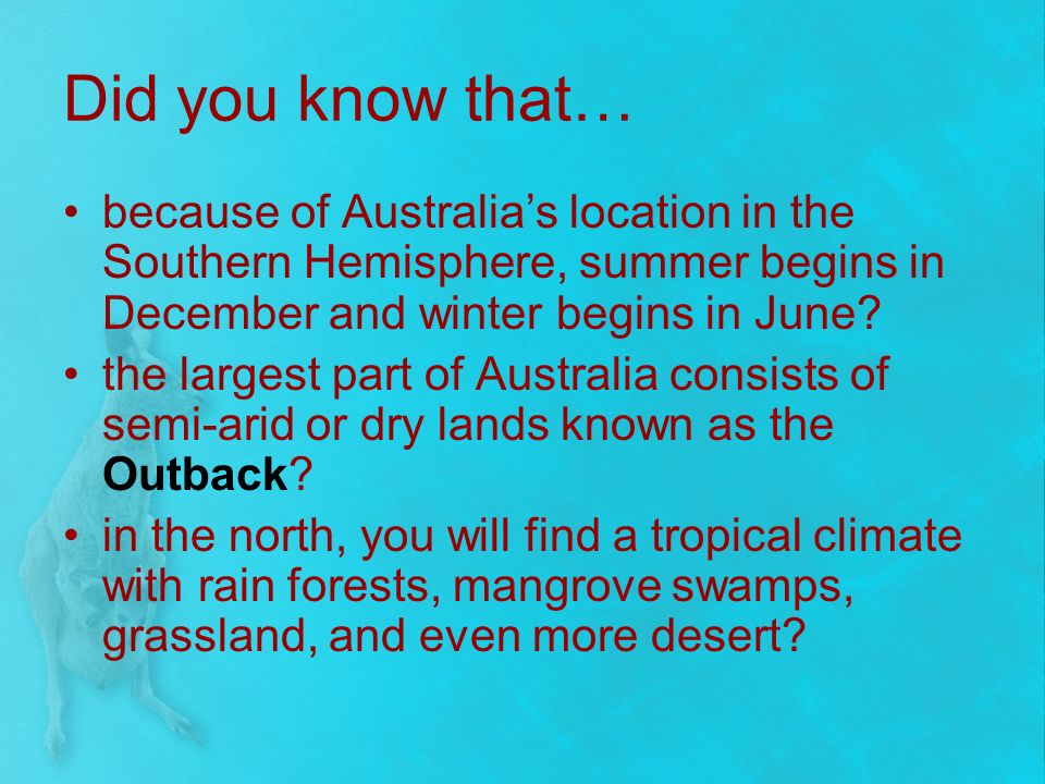 Did you know that… because of Australia’s location in the Southern Hemisphere, summer begins in December and winter begins in June.