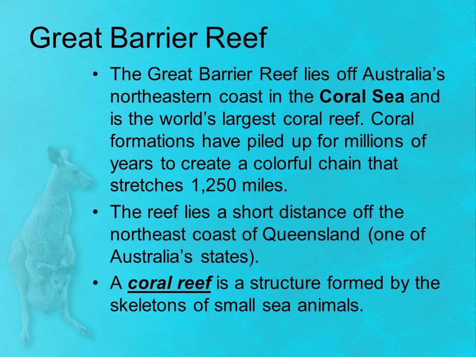 Great Barrier Reef The Great Barrier Reef lies off Australia’s northeastern coast in the Coral Sea and is the world’s largest coral reef.