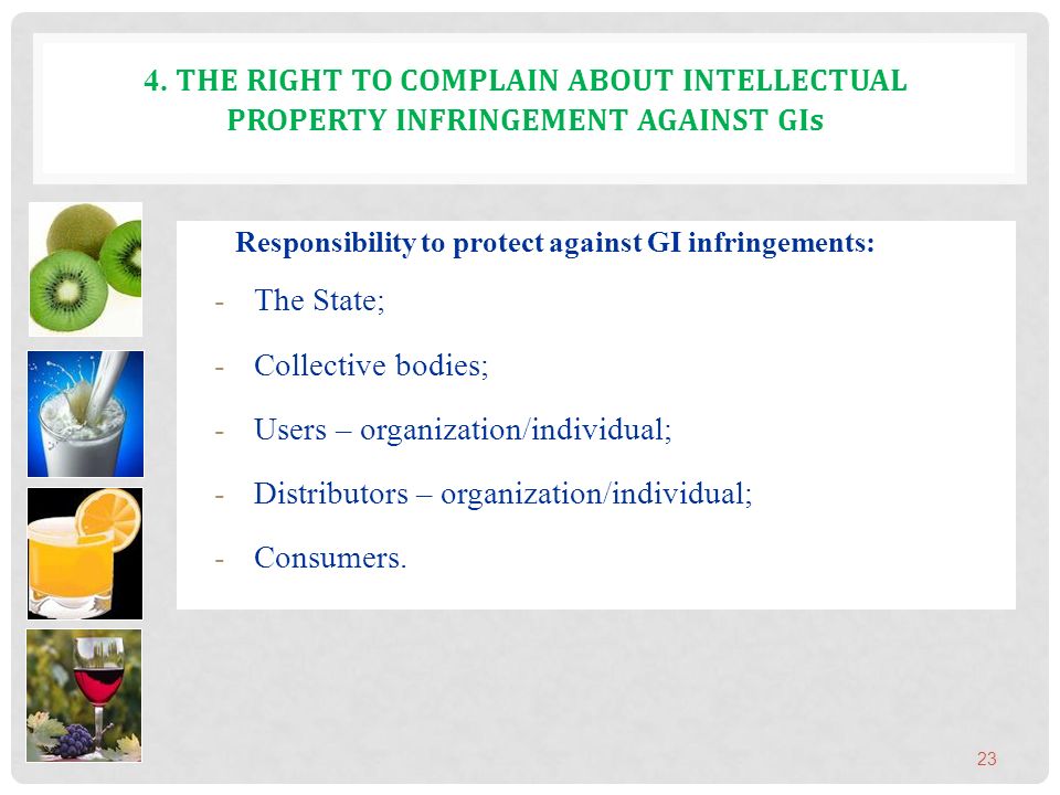 Responsibility to protect against GI infringements: -The State; -Collective bodies; -Users – organization/individual; -Distributors – organization/individual; -Consumers.