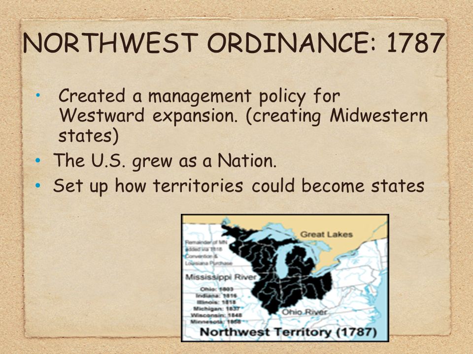 NORTHWEST ORDINANCE: 1787 Created a management policy for Westward expansion.