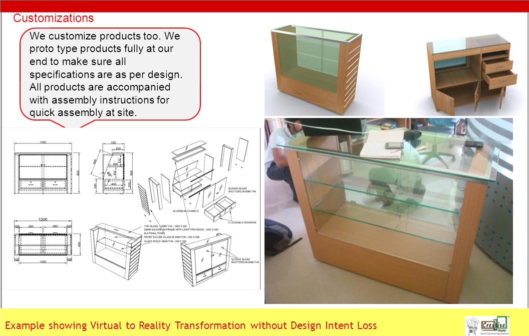 Example showing Virtual to Reality Transformation without Design Intent Loss We customize products too.