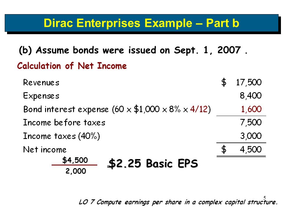 1 LO 7 Compute earnings per share in a complex capital structure. Dirac  Enterprises Example (Solution 1) Compute basic & diluted earnings per share  for. - ppt download