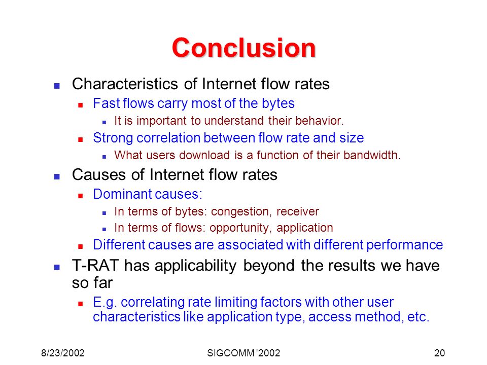 8/23/2002SIGCOMM Conclusion Characteristics of Internet flow rates Fast flows carry most of the bytes It is important to understand their behavior.