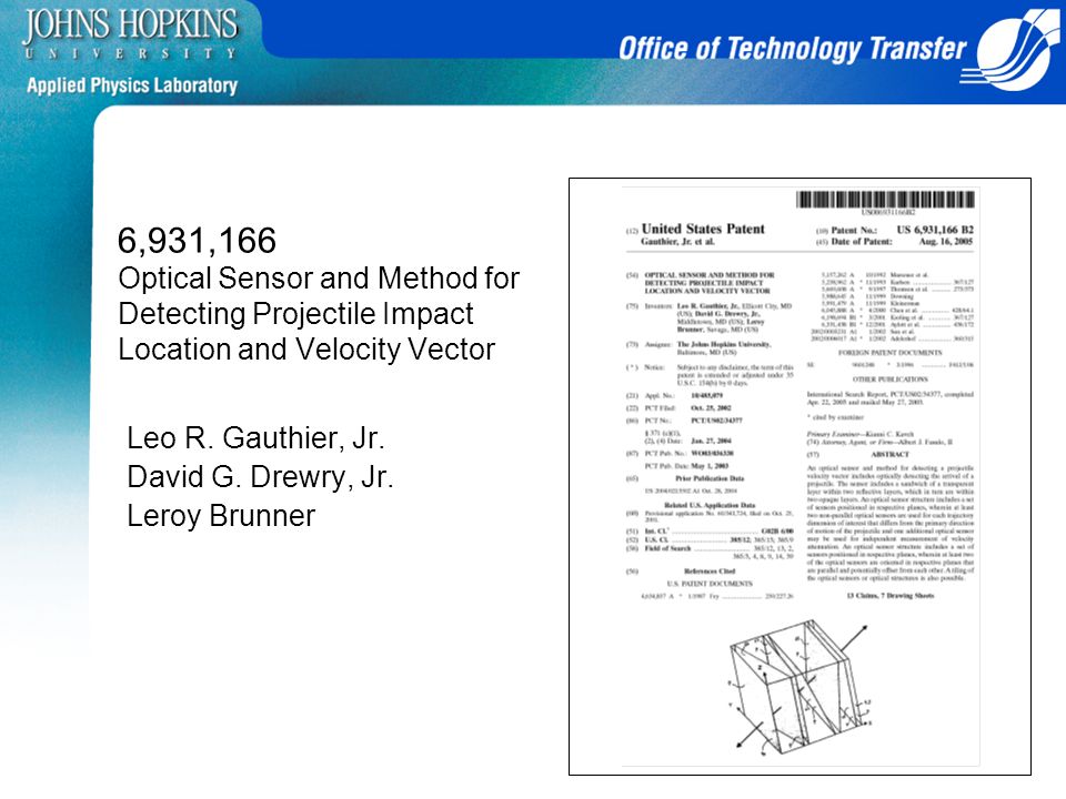 6,931,166 Optical Sensor and Method for Detecting Projectile Impact Location and Velocity Vector Leo R.