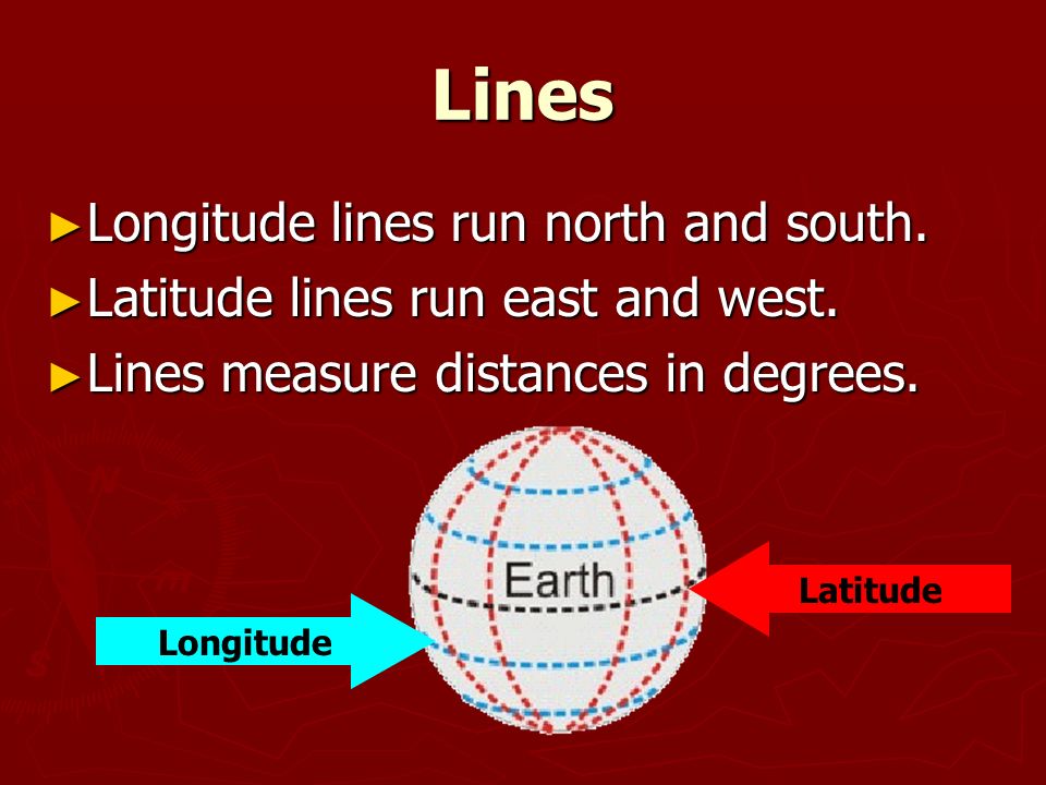 Lines ► Longitude lines run north and south. ► Latitude lines run east and west.