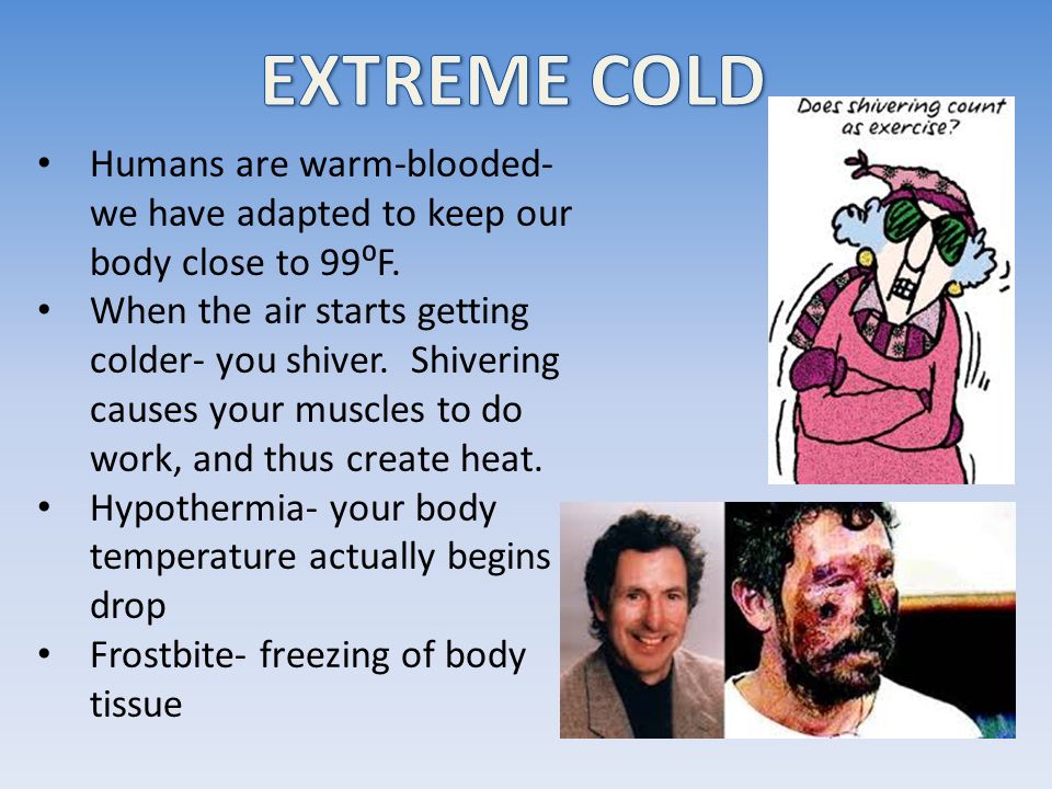 Humans are warm-blooded- we have adapted to keep our body close to 99⁰F.  When the air starts getting colder- you shiver. Shivering causes your  muscles. - ppt download