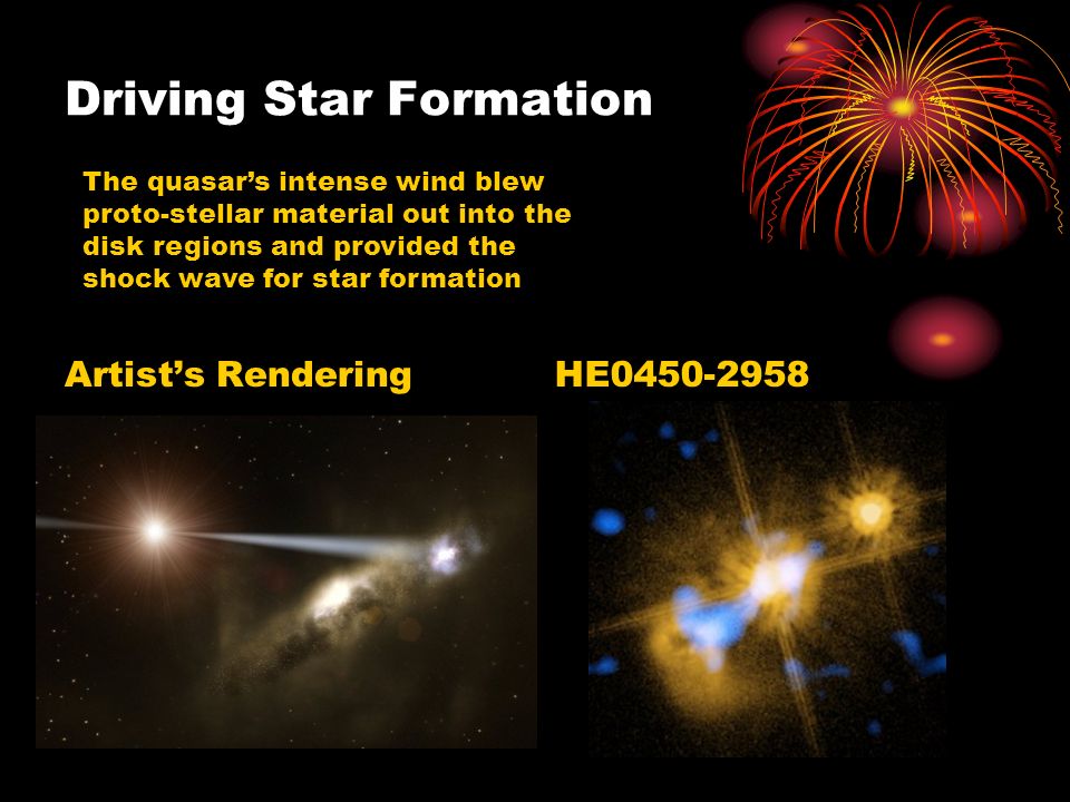 Driving Star Formation Artist’s RenderingHE The quasar’s intense wind blew proto-stellar material out into the disk regions and provided the shock wave for star formation