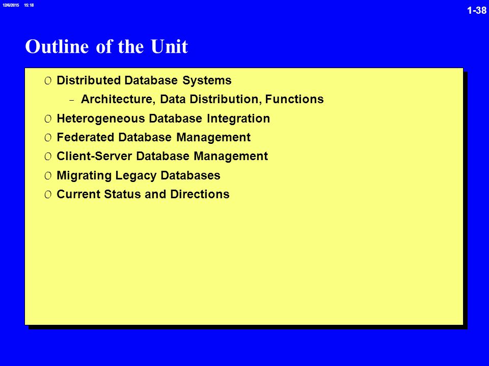/6/ :19 Outline of the Unit 0 Distributed Database Systems -Architecture, Data Distribution, Functions 0 Heterogeneous Database Integration 0 Federated Database Management 0 Client-Server Database Management 0 Migrating Legacy Databases 0 Current Status and Directions