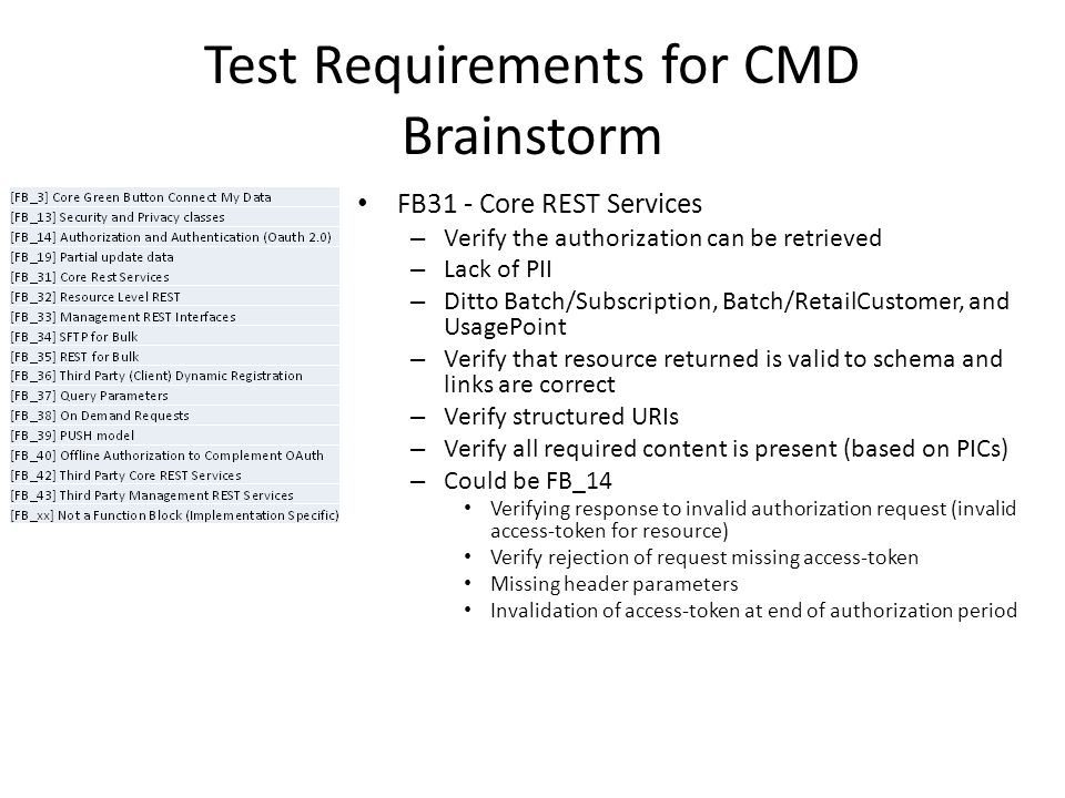 Test Requirements for CMD Brainstorm FB31 - Core REST Services – Verify the authorization can be retrieved – Lack of PII – Ditto Batch/Subscription, Batch/RetailCustomer, and UsagePoint – Verify that resource returned is valid to schema and links are correct – Verify structured URIs – Verify all required content is present (based on PICs) – Could be FB_14 Verifying response to invalid authorization request (invalid access-token for resource) Verify rejection of request missing access-token Missing header parameters Invalidation of access-token at end of authorization period
