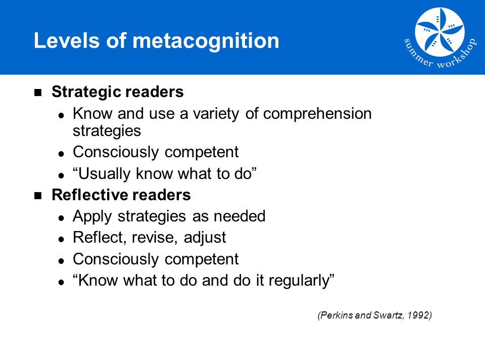 Levels of metacognition Strategic readers Know and use a variety of comprehension strategies Consciously competent Usually know what to do Reflective readers Apply strategies as needed Reflect, revise, adjust Consciously competent Know what to do and do it regularly (Perkins and Swartz, 1992)