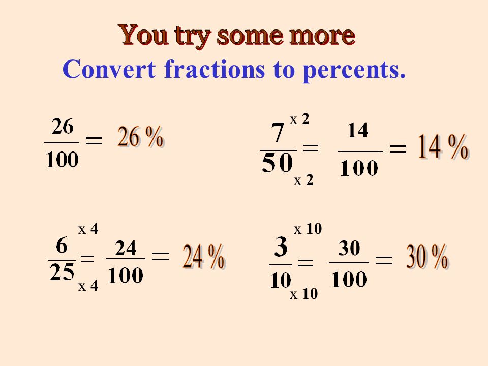 Convert fractions to percents. x 2 x x 10 30