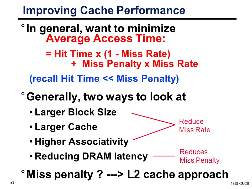 ©UCB Improving Cache Performance °In general, want to minimize Average Access Time: = Hit Time x (1 - Miss Rate) + Miss Penalty x Miss Rate (recall Hit Time << Miss Penalty) °Generally, two ways to look at Larger Block Size Larger Cache Higher Associativity Reducing DRAM latency °Miss penalty .