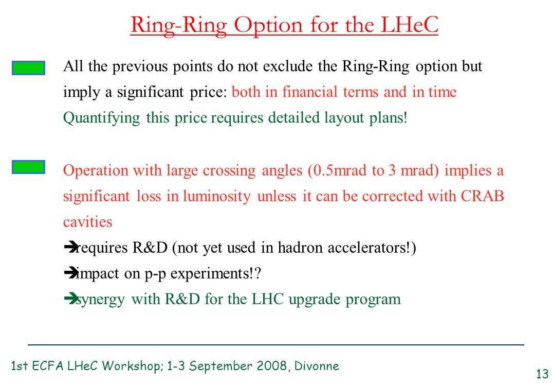 Ring-Ring Option for the LHeC 13 All the previous points do not exclude the Ring-Ring option but imply a significant price: both in financial terms and in time Quantifying this price requires detailed layout plans.