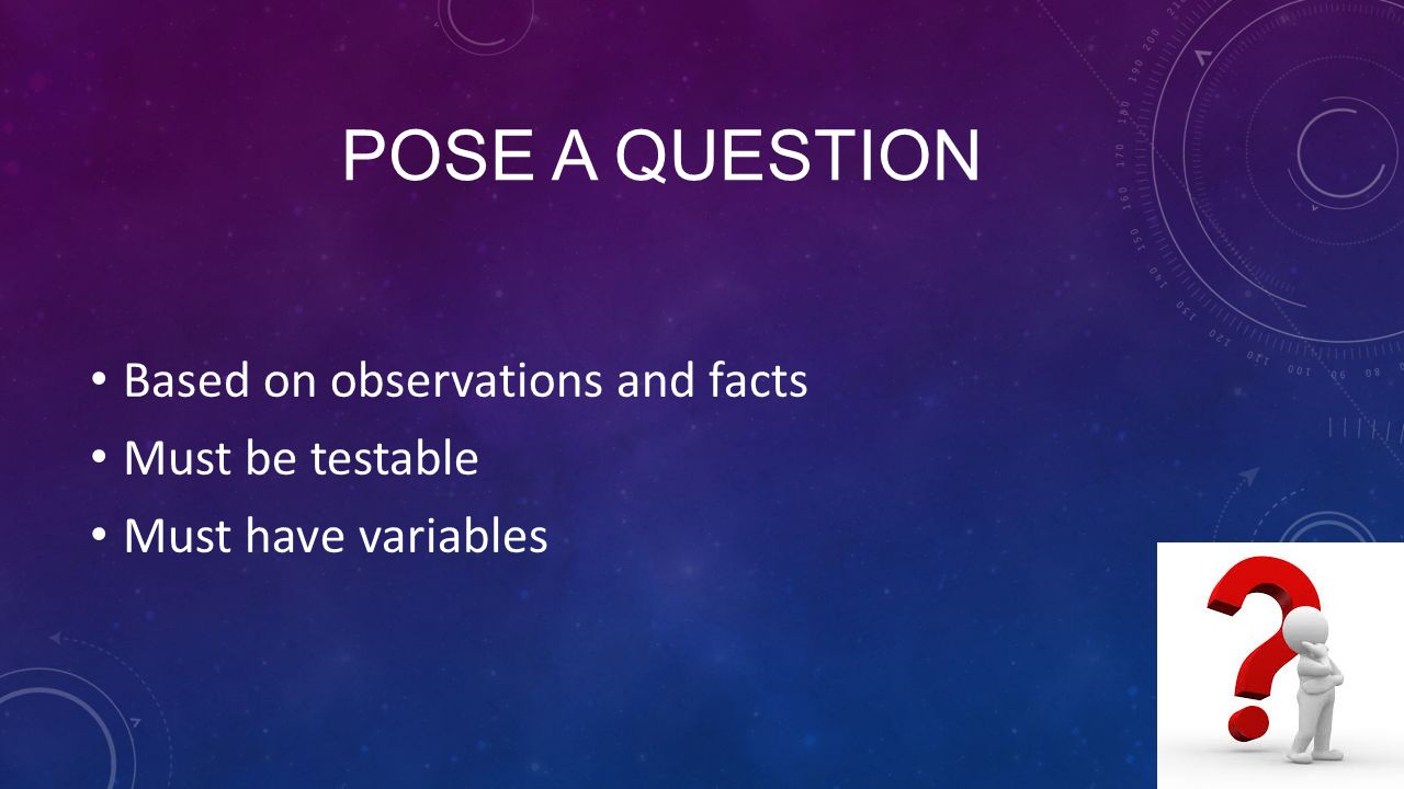 POSE A QUESTION Based on observations and facts Must be testable Must have variables