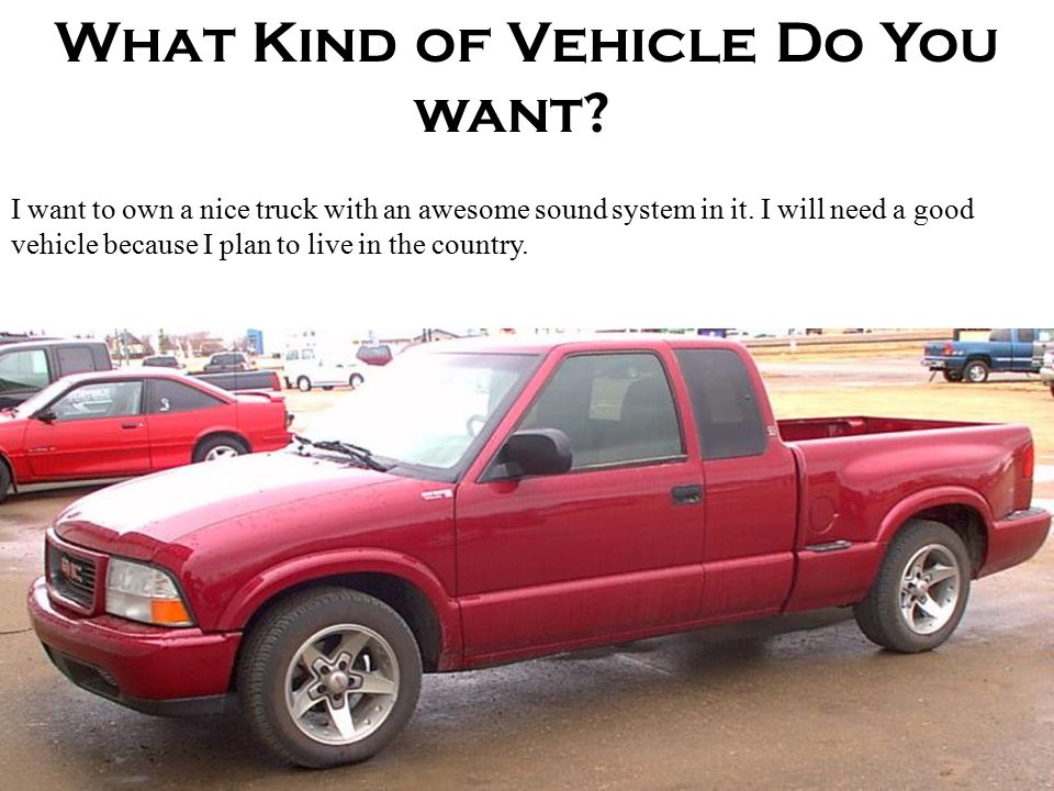 What Kind of Vehicle Do You want . I want to own a nice truck with an awesome sound system in it.