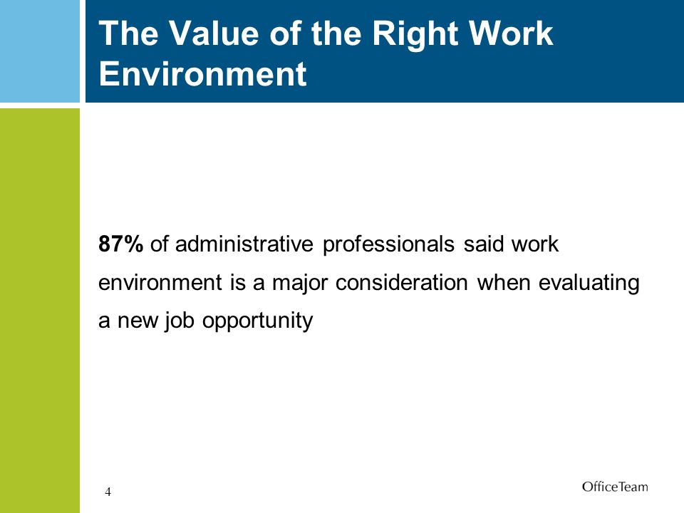 4 The Value of the Right Work Environment 87% of administrative professionals said work environment is a major consideration when evaluating a new job opportunity