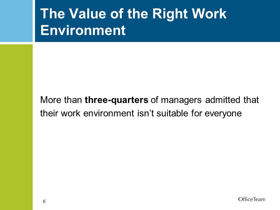 6 The Value of the Right Work Environment More than three-quarters of managers admitted that their work environment isn’t suitable for everyone