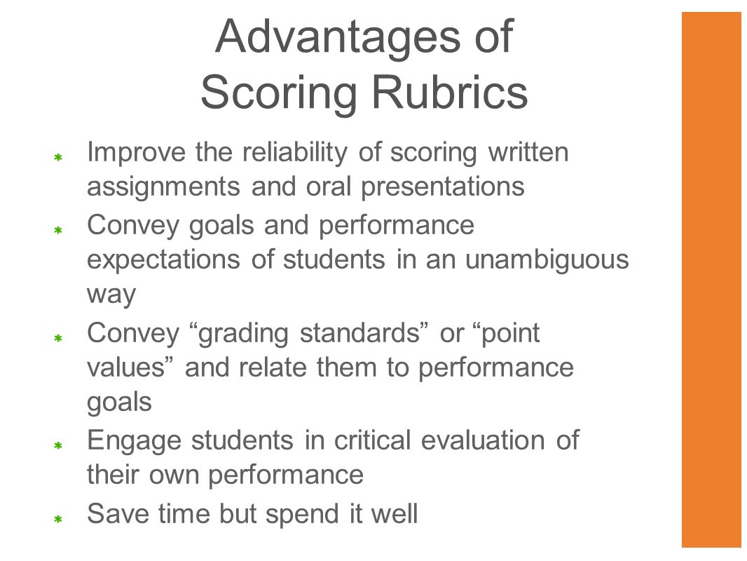 Advantages of Scoring Rubrics Improve the reliability of scoring written assignments and oral presentations Convey goals and performance expectations of students in an unambiguous way Convey grading standards or point values and relate them to performance goals Engage students in critical evaluation of their own performance Save time but spend it well