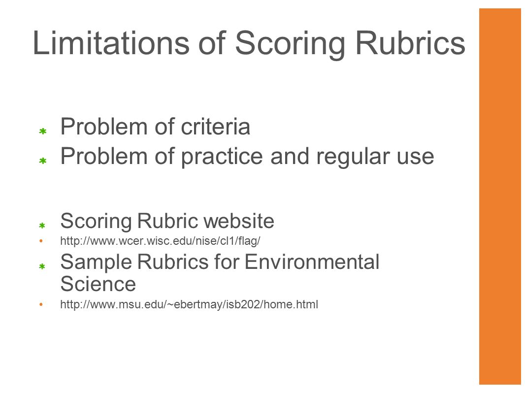 Limitations of Scoring Rubrics Problem of criteria Problem of practice and regular use Scoring Rubric website   Sample Rubrics for Environmental Science