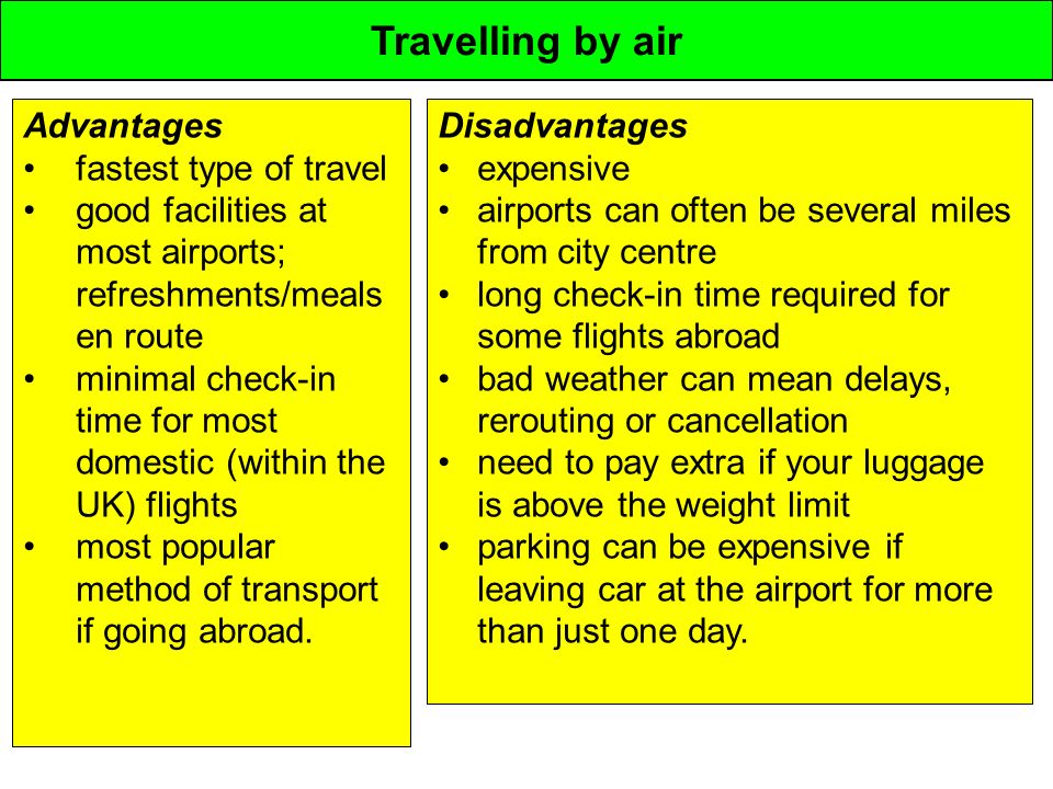 Travelling by air Advantages fastest type of travel good facilities at most airports; refreshments/meals en route minimal check-in time for most domestic (within the UK) flights most popular method of transport if going abroad.
